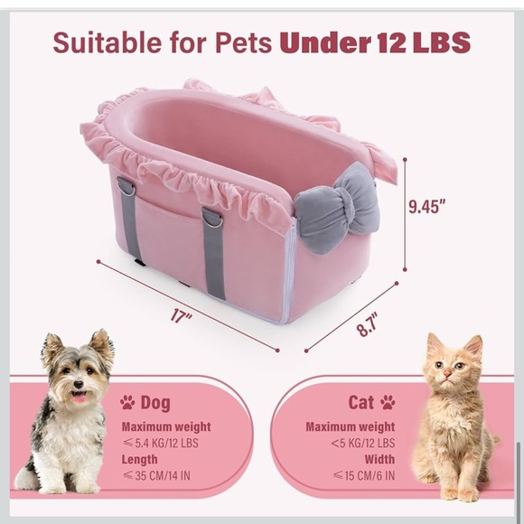 Jaoul Console Pet Car Seat for Small Dogs and Cats Fuzzy Pink Bow Design NEW - Picture 4 of 8